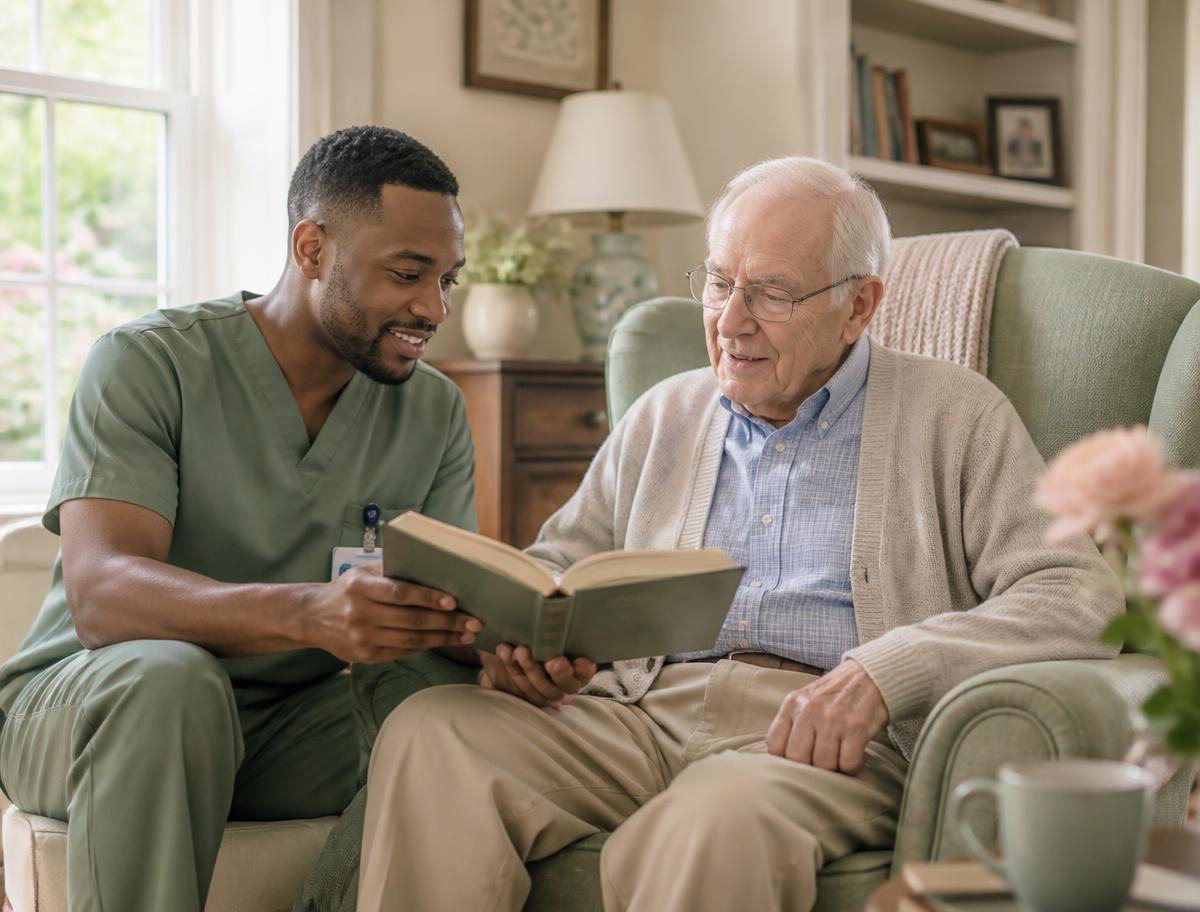 Caregiver reading a book with an elderly man in an armchair