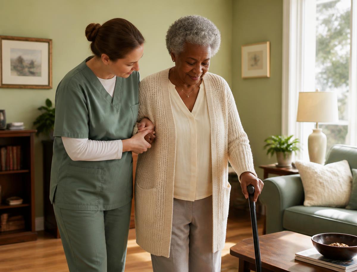 Caregiver assisting an elderly woman with a cane in her living room