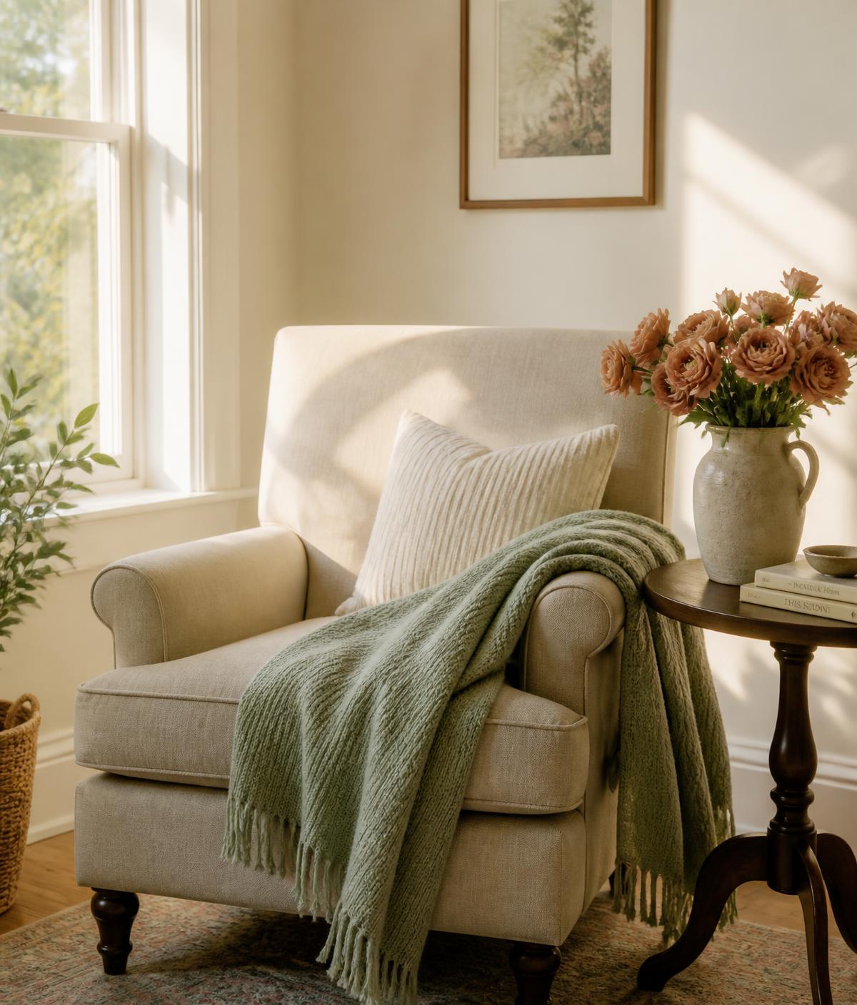 Sunlit living room corner with an armchair, sage throw and dusty rose flowers