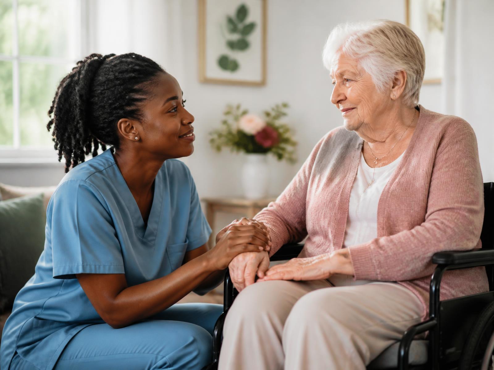 Caregiver in blue scrubs holding the hand of an elderly woman seated in a wheelchair
